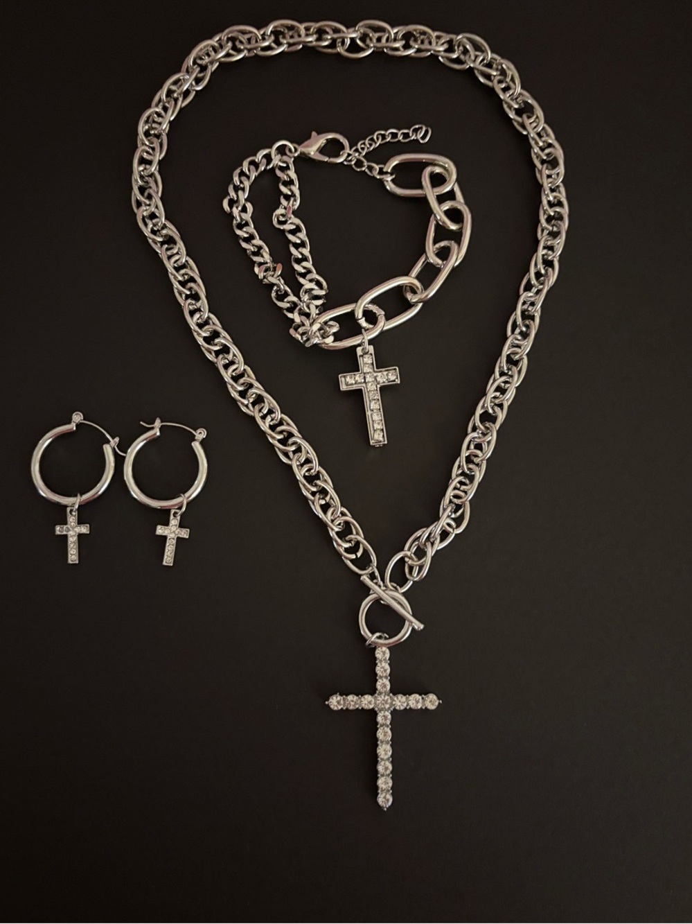 Silver Chain Necklace with Crystal Cross Pendant, Bracelet and Earring Set